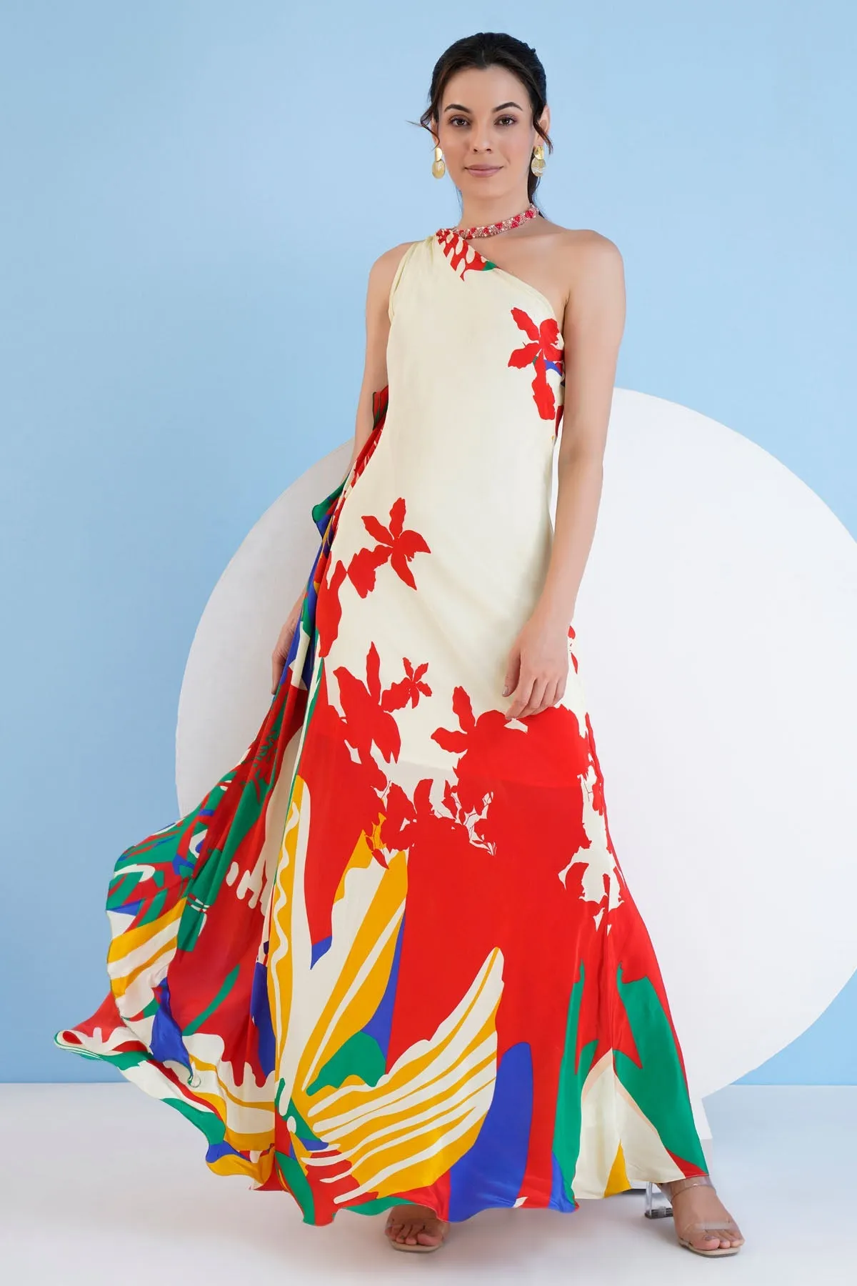 Red Printed One Shoulder Dress
