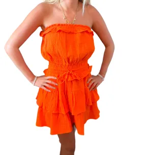 Ruffled Gauze Strapless Game Day Dress in Vibrant Orange