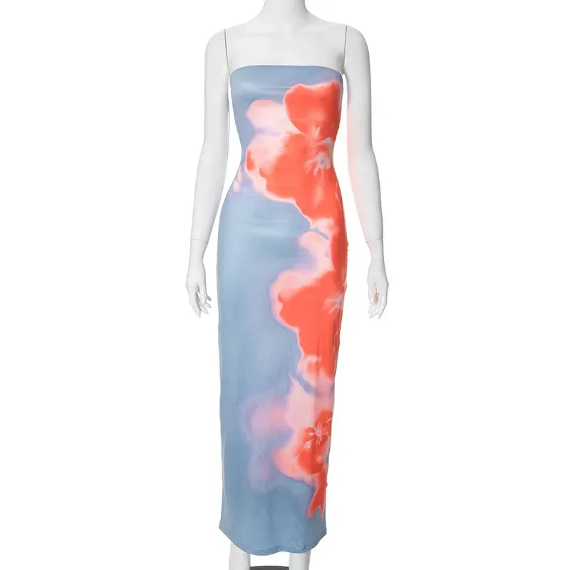 Sexy Strapless Print Tube Maxi Dress Women Off Shoulder Backless Stretch Long Sundress Summer Beach Fashion