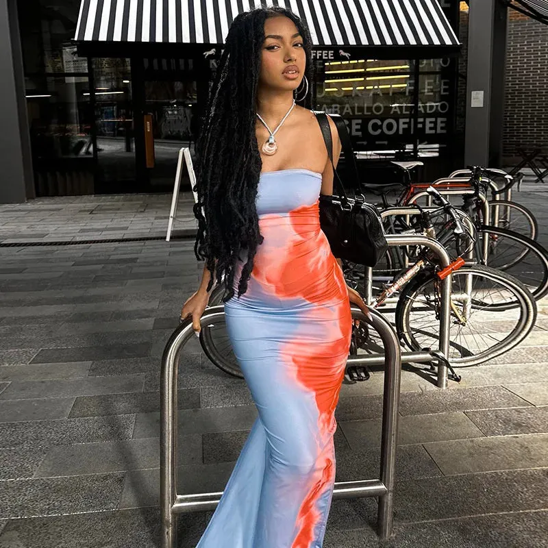 Sexy Strapless Print Tube Maxi Dress Women Off Shoulder Backless Stretch Long Sundress Summer Beach Fashion