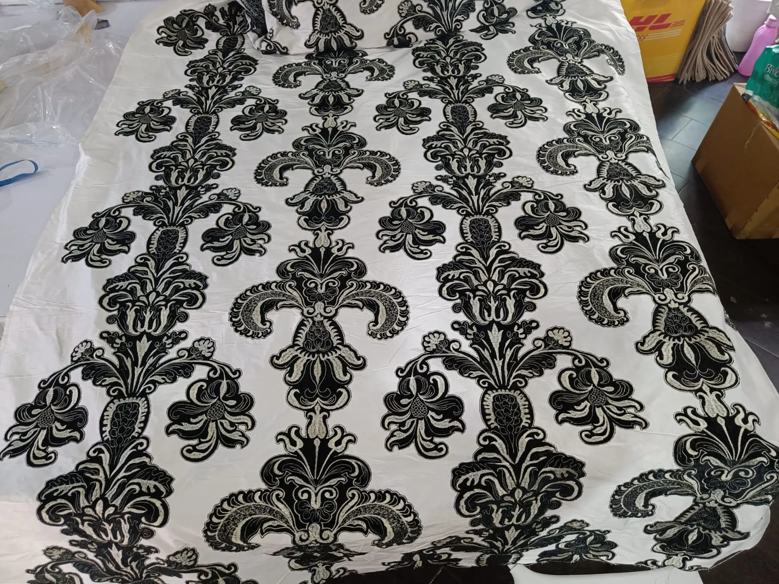 SILK DUPIONI EMBROIDERY REVERSABLE IVORY AND BLACK AND IVORY AND CREAM 54" wide DUP#E12