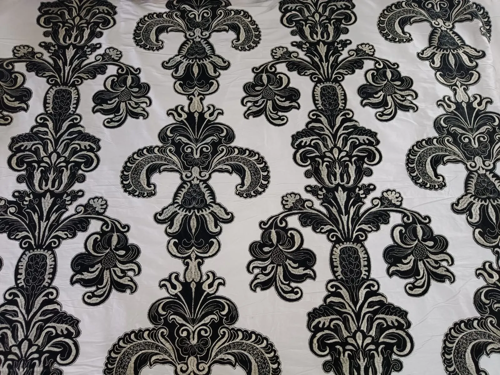SILK DUPIONI EMBROIDERY REVERSABLE IVORY AND BLACK AND IVORY AND CREAM 54" wide DUP#E12