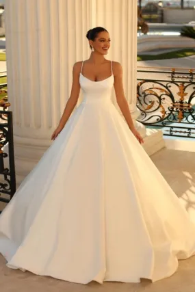 Simple spaghetti straps sleeveless ball gown satin wedding dress