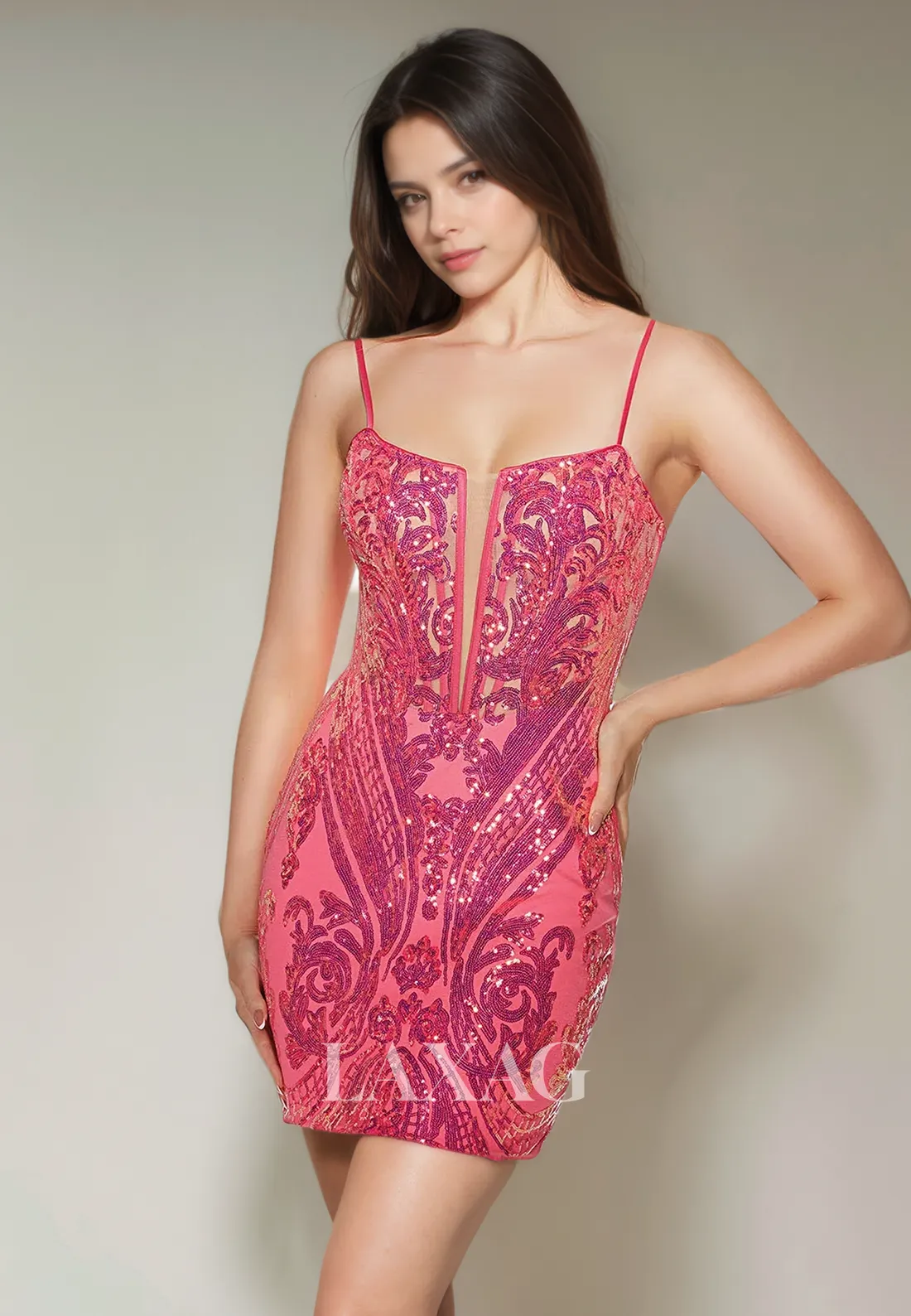 Spaghetti Straps Backless Sequins Sleek Satin Fitted Party Homecoming Dress