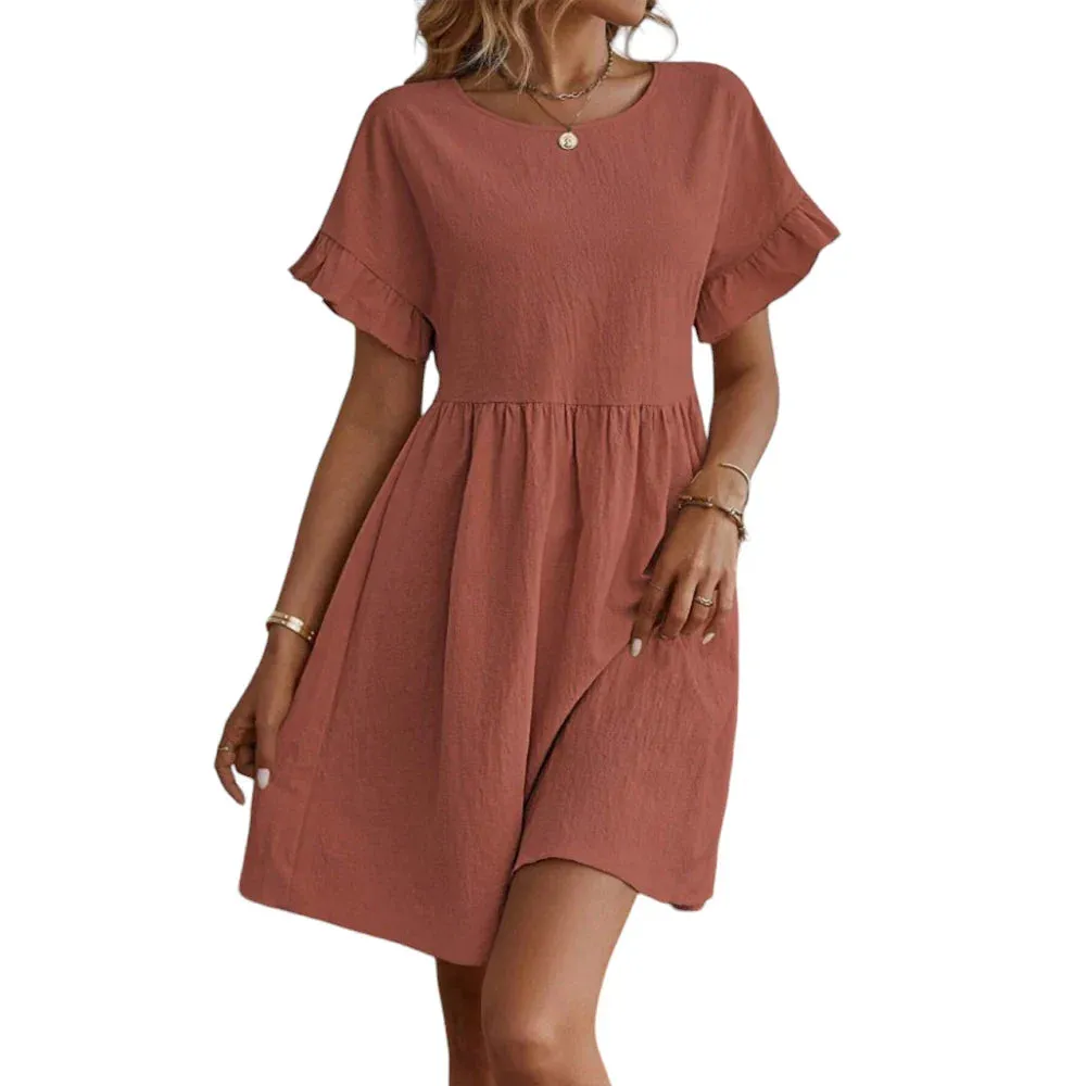 Summer Short Sleeve Loose Solid Fashion Slim Sun Casual Beach Sexy Dress