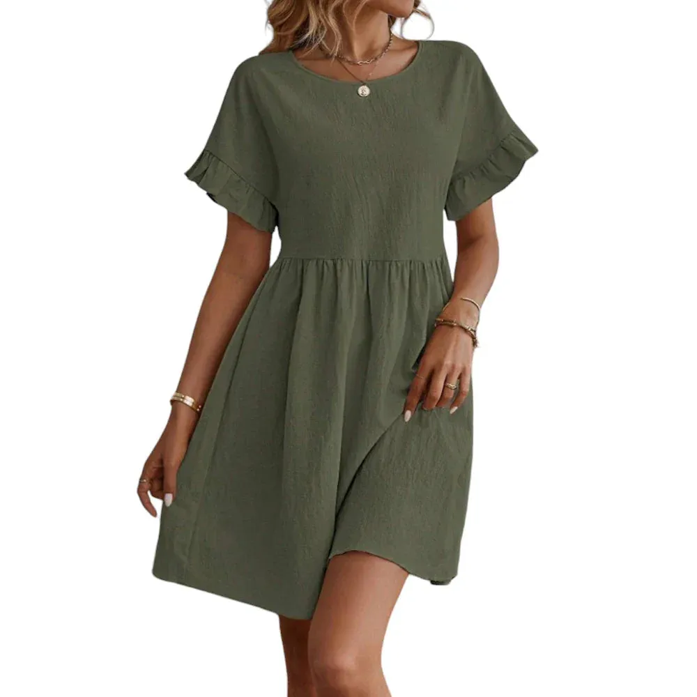 Summer Short Sleeve Loose Solid Fashion Slim Sun Casual Beach Sexy Dress