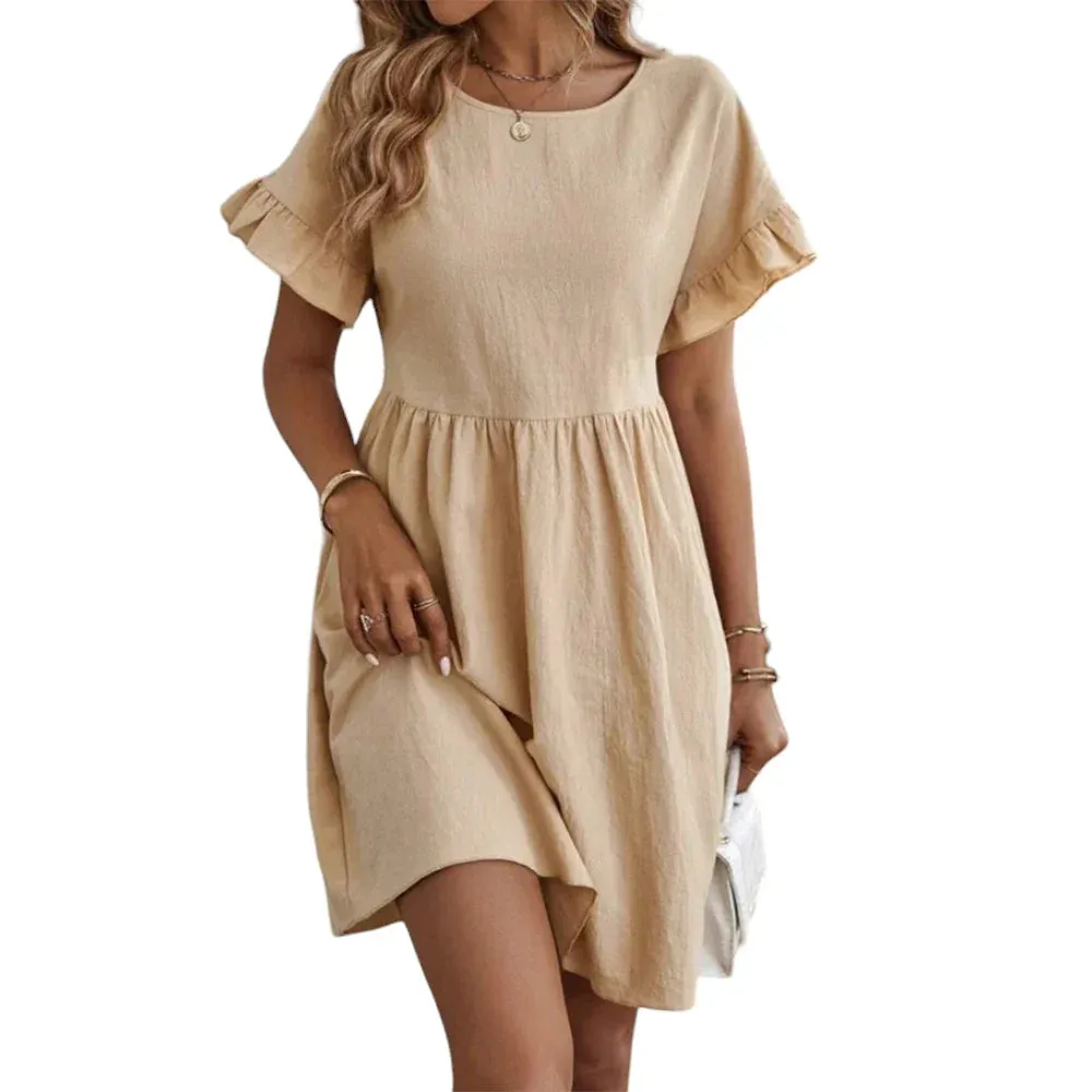 Summer Short Sleeve Loose Solid Fashion Slim Sun Casual Beach Sexy Dress