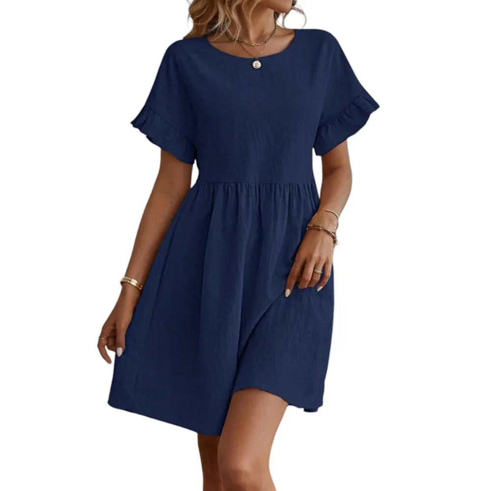 Summer Short Sleeve Loose Solid Fashion Slim Sun Casual Beach Sexy Dress