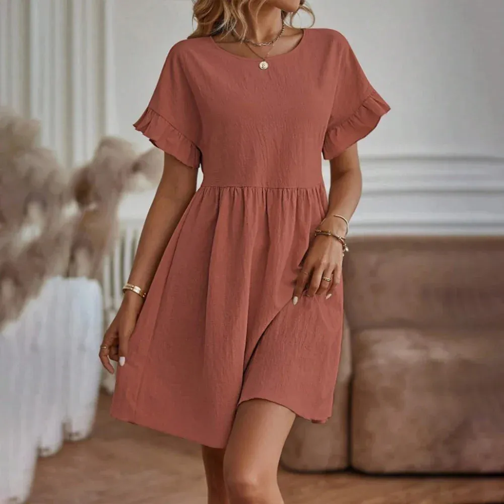 Summer Short Sleeve Loose Solid Fashion Slim Sun Casual Beach Sexy Dress