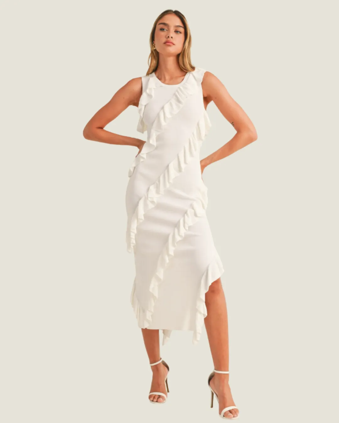 The Katherine: Asymmetric Ruffle Knit Midi Dress