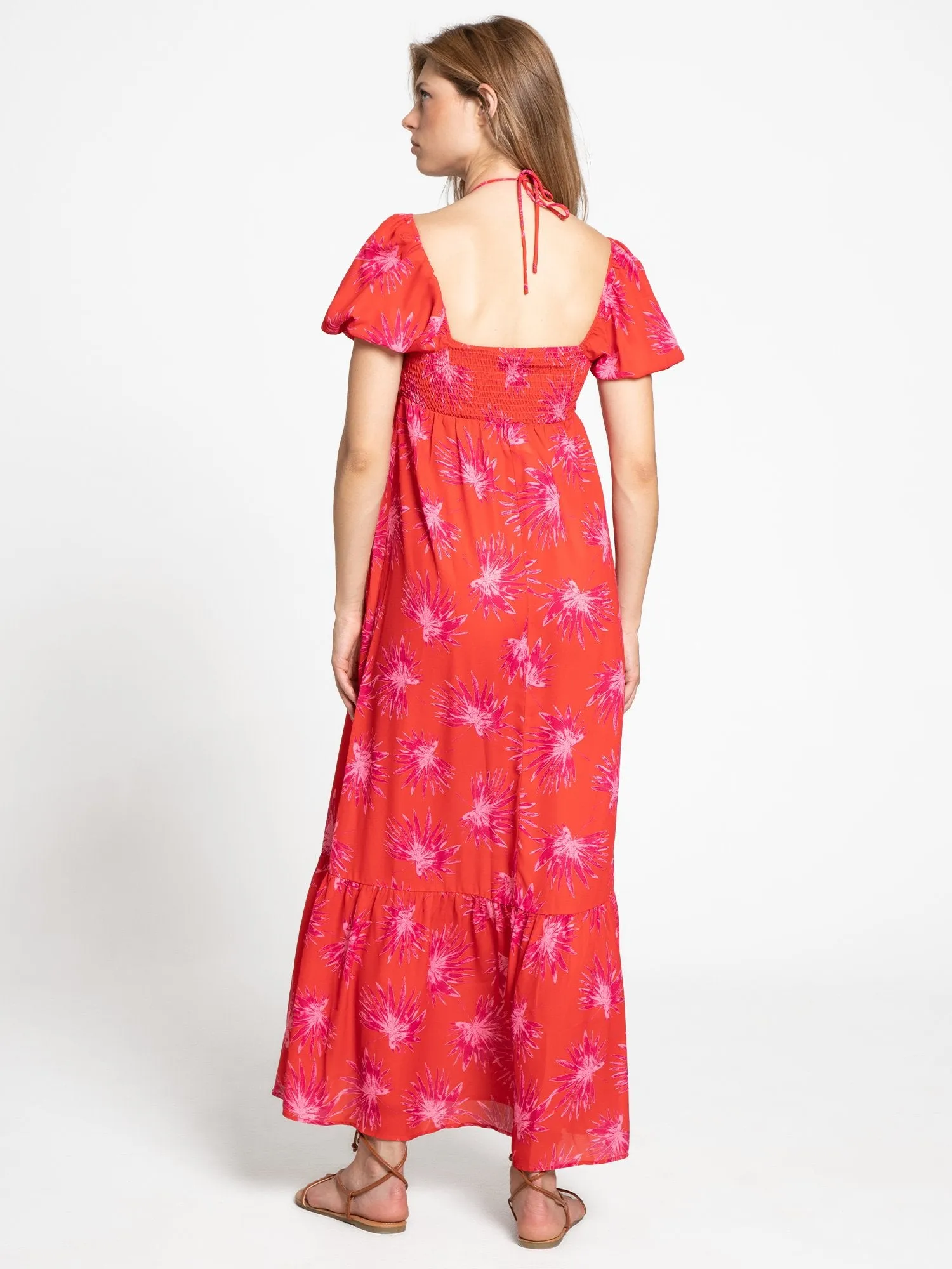 Tropical-Print Puff-Sleeve Cinch Front Maxi Dress - 4Sienna