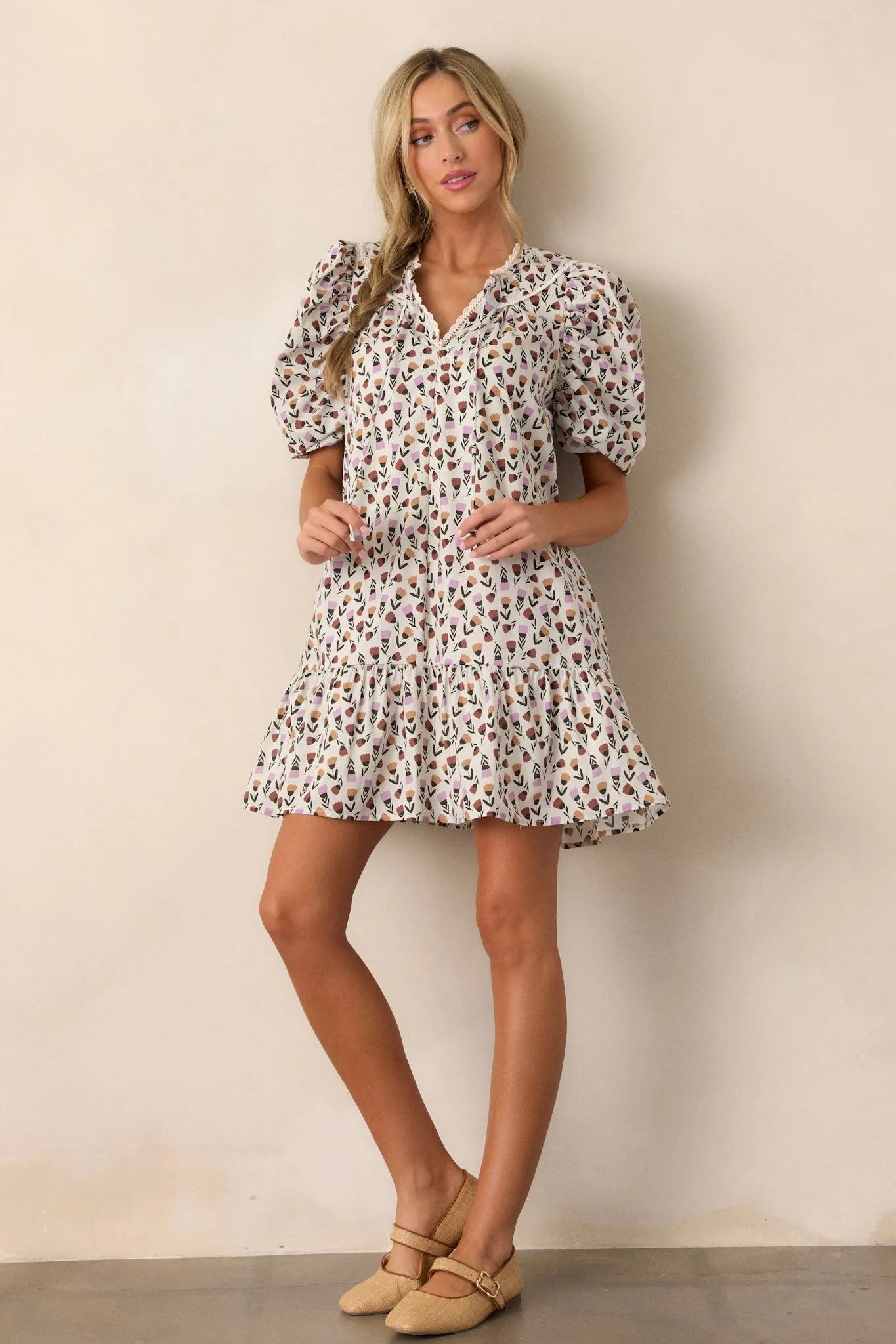 Wandering Soul 100% Cotton Ivory Floral Mini Dress