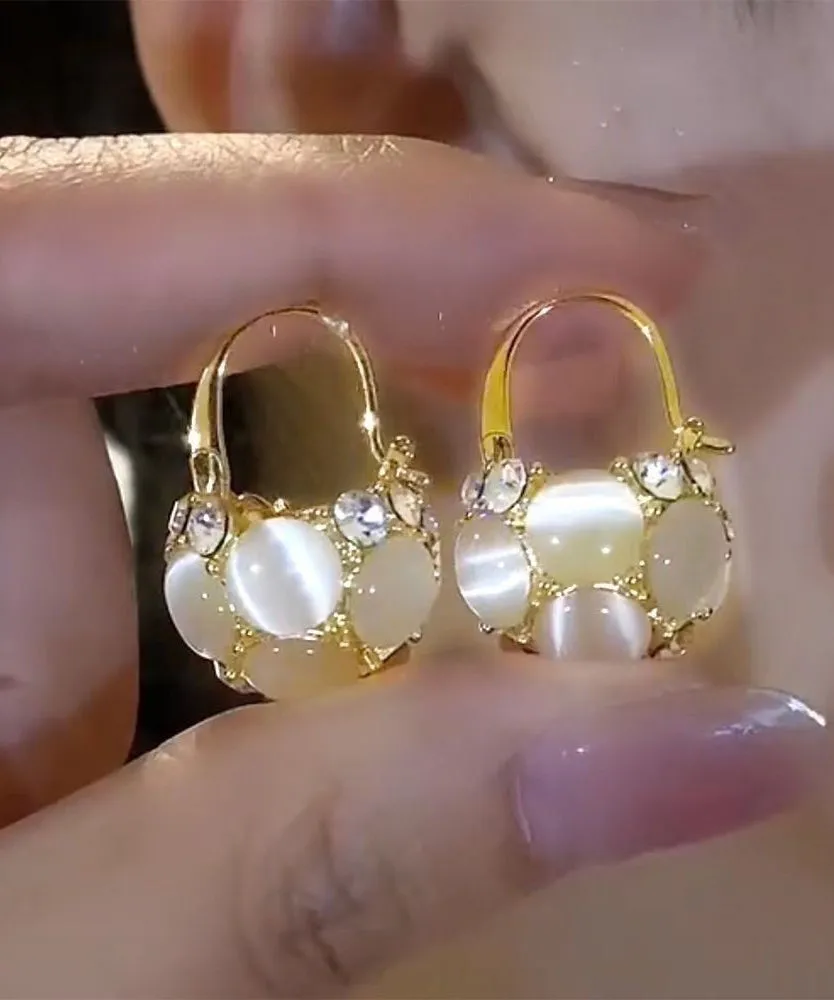 Women Gold Sterling Silver Overgild Cat Eye Stone Flower Basket Hoop Earrings WH025