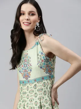 Women Green Printed Fit and Flare Kurta