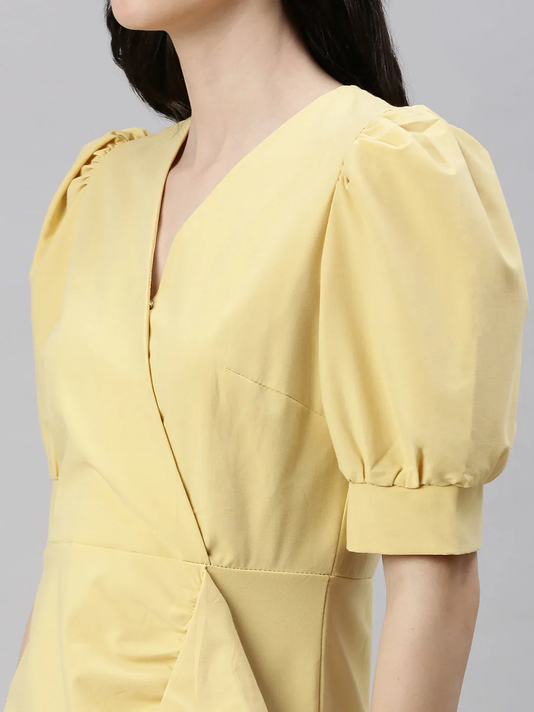 Women V-Neck Solid Fit and Flare Yellow Dress