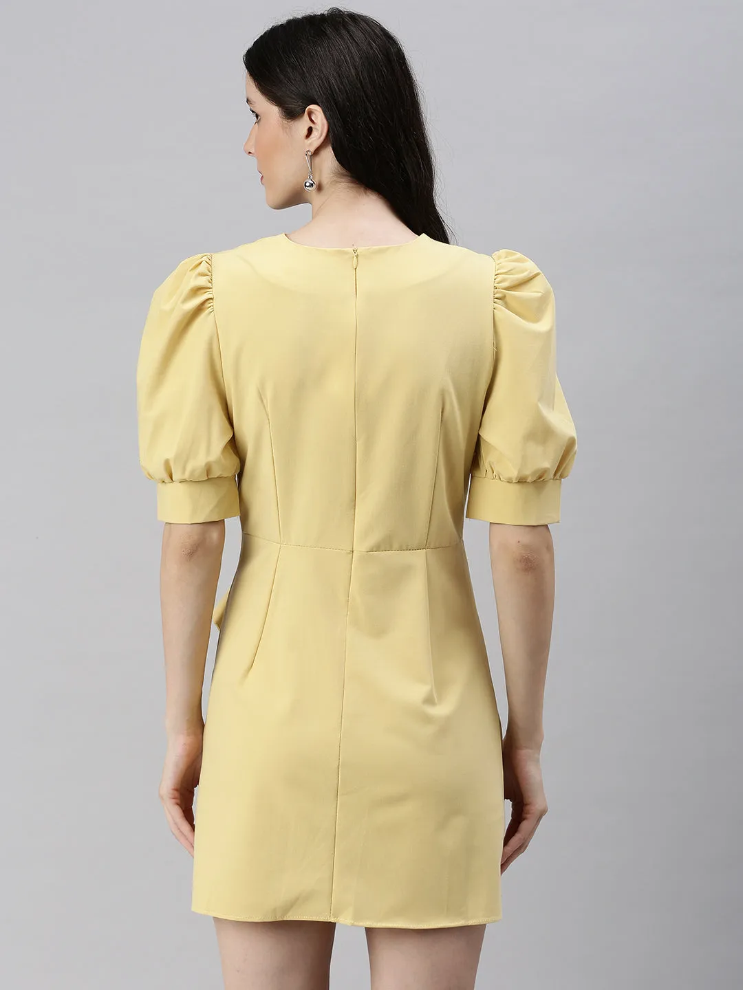 Women V-Neck Solid Fit and Flare Yellow Dress