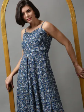 Women's Blue Printed Fit and Flare Dress
