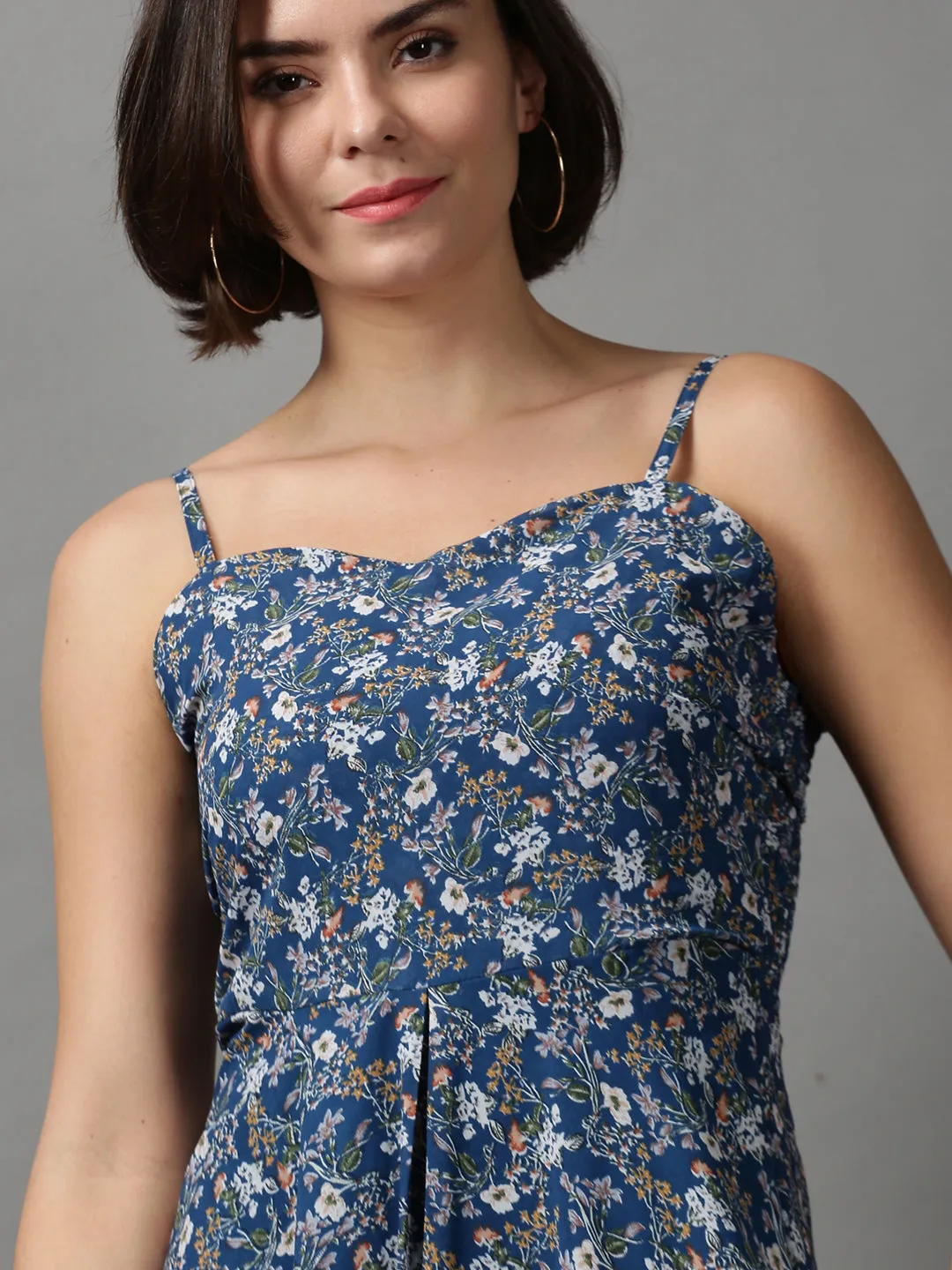 Women's Blue Printed Fit and Flare Dress