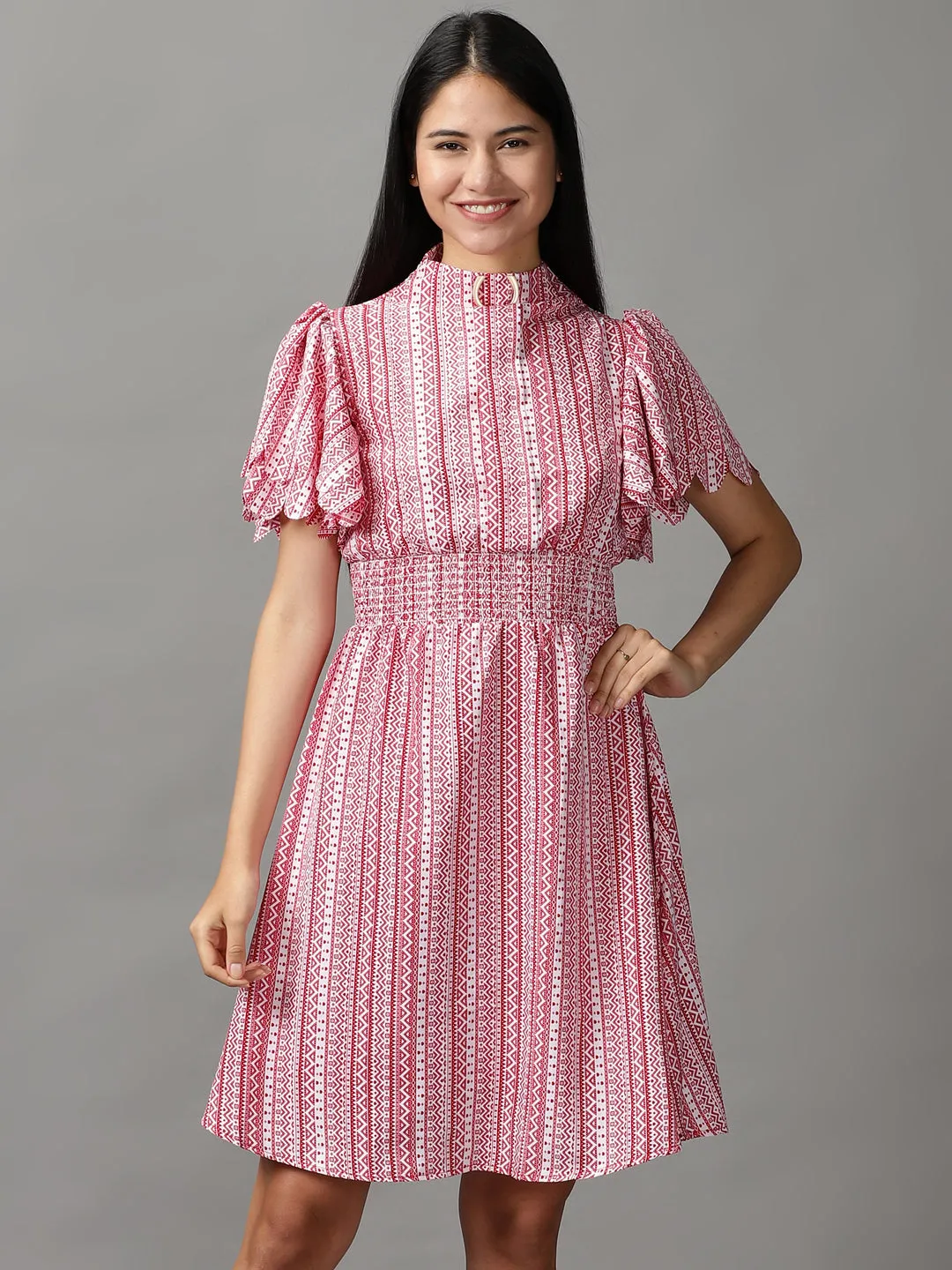 Women's Red Printed Fit and Flare Dress