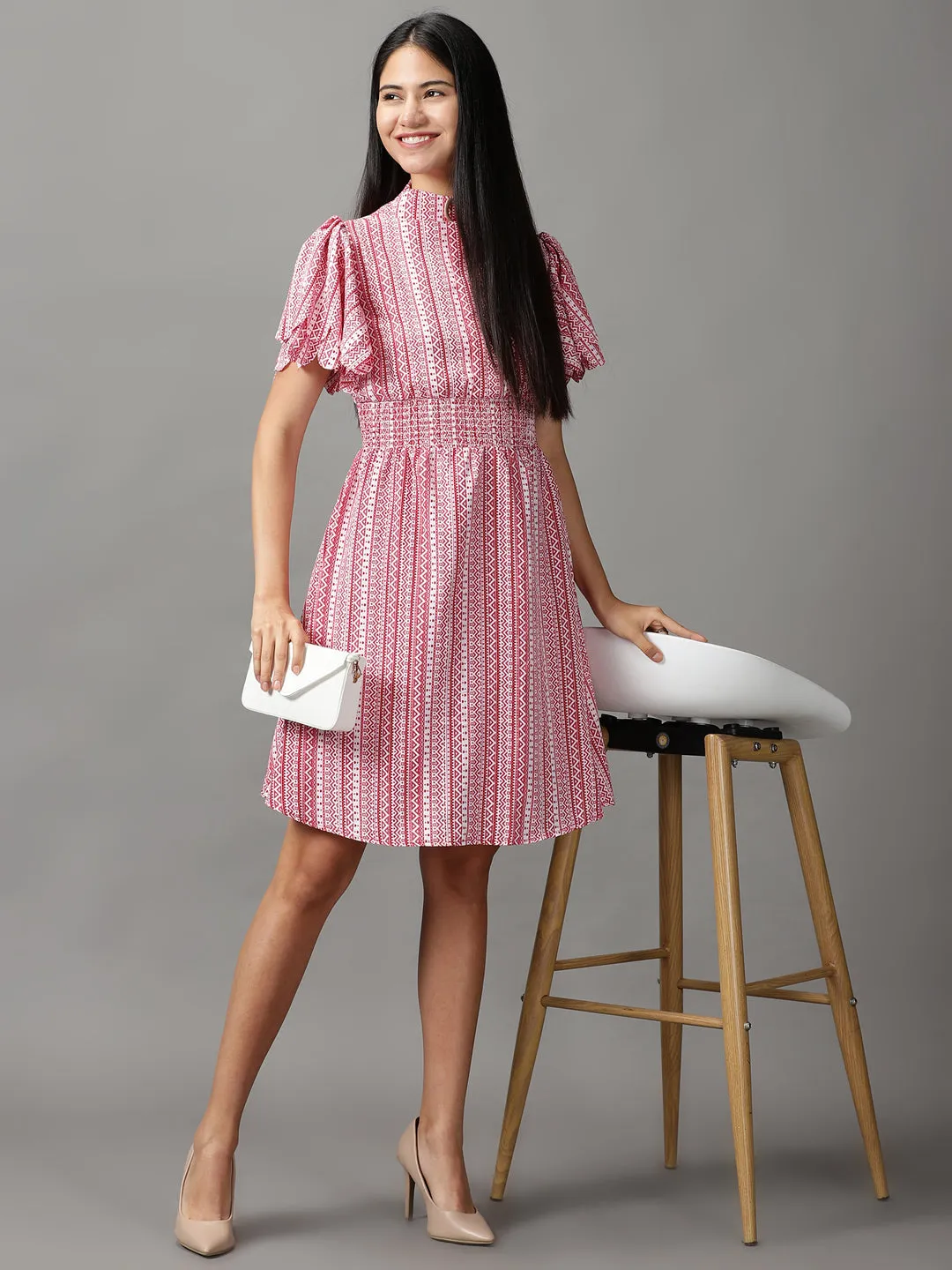 Women's Red Printed Fit and Flare Dress