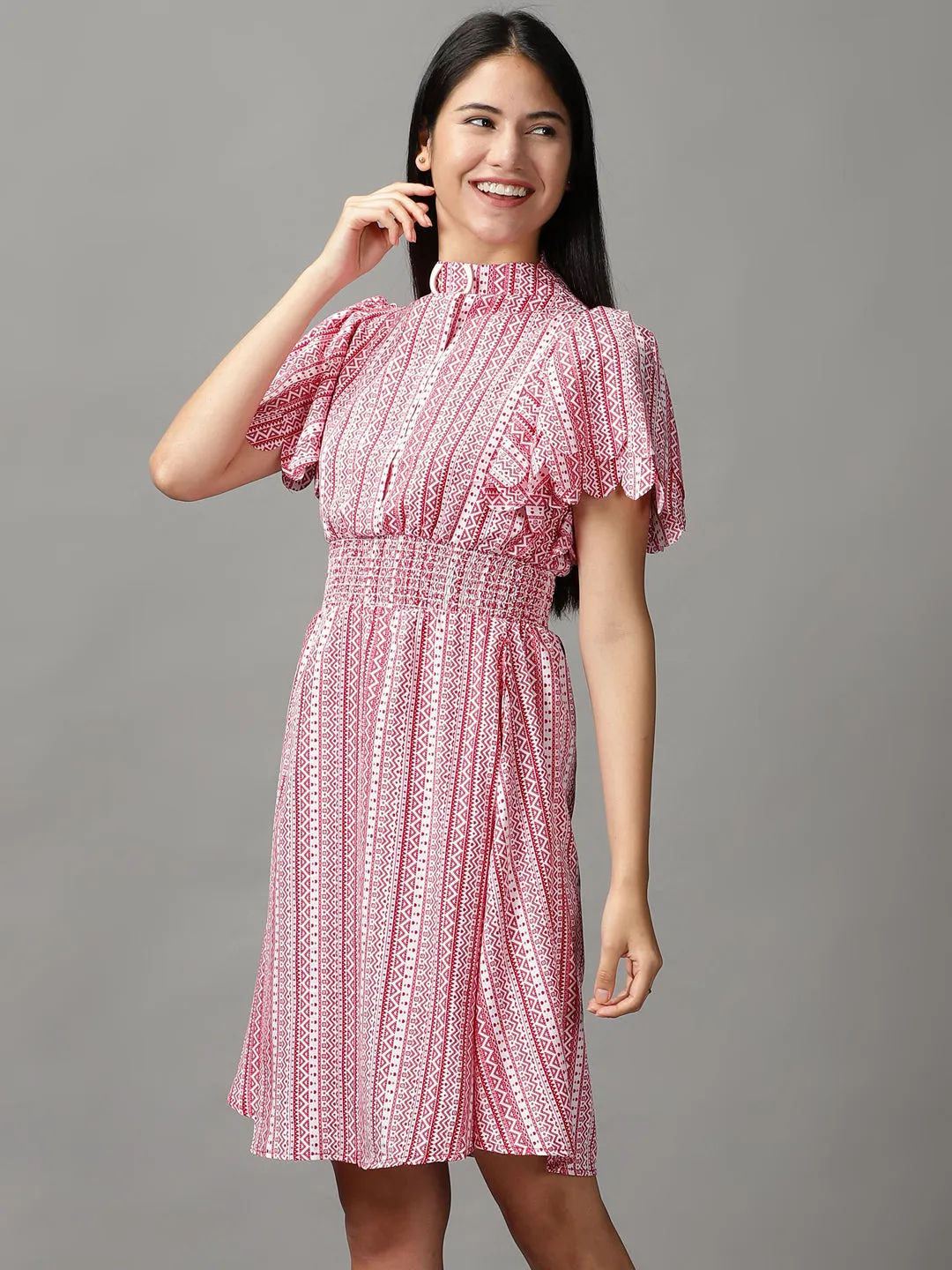 Women's Red Printed Fit and Flare Dress